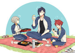  3boys aizen_kunitoshi akashi_kuniyuki bandaid bandaid_on_face bandaid_on_nose beer_can bento blanket can chopsticks closed_eyes commentary_request drink_can food food_on_face glasses green_eyes grey_hair hair_ornament hairclip hotarumaru indian_style male_focus multiple_boys official_art open_mouth plate purple_hair red_hair rice rice_on_face rururara seiza shoes sitting smile sushi touken_ranbu track_suit unworn_shoes yellow_eyes 