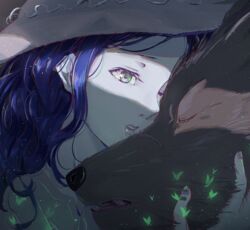  1boy absurdres bad_id bad_pixiv_id blaidd_the_half-wolf blue_eyes blue_hair blue_skin cho_ryuu colored_skin commentary_request elden_ring female fingernails furry furry_male hat highres lips one_eye_closed ranni_the_witch upper_body white_headwear witch_hat 