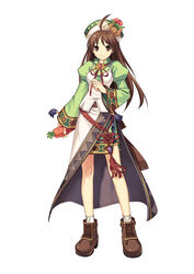  atelier_(series) atelier_viorate brown_eyes brown_hair carrot female full_body hat long_hair long_sleeves official_art photoshop_(medium) simple_background solo standing tachi-e trinity_universe tsunako viorate_platane white_background 