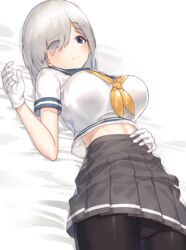  blue_eyes breasts commentary eyebrows eyebrows_visible_through_hair eyes_visible_through_hair gloves hair_ornament hair_over_one_eye hairclip hamakaze_(kantai_collection) hand_on_own_stomach kantai_collection kfr large_breasts looking_at_viewer lying neckerchief on_back on_bed panties pantyhose pantyshot pantyshot_(lying) pleated_skirt school_uniform serafuku shadow short_hair short_sleeves silver_hair skirt solo underwear white_gloves yellow_neckwear 