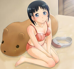  amusphere barefoot bed black_hair blue_eyes bra breasts capybara-san cleavage commentary_request female hair_ornament hairclip head-mounted_display kirigaya_suguha medium_breasts navel painttool_sai_(medium) panties sato_non solo stuffed_animal stuffed_capybara stuffed_toy sword_art_online underwear underwear_only 