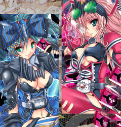  aqua_eyes belt blue_hair blush bow breasts card cleavage eyepatch fingerless_gloves genderswap_(mtf) gloves goggles hair_ornament hairclip holding holding_card kamen_rider kamen_rider_dcd kamen_rider_decade kamen_rider_diend large_breasts long_hair multiple_girls navel pink_hair ponytail ribbon rule_63 shisaki_tayu smile striped striped_legwear thighhighs 