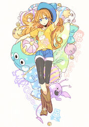  alena_(dq4) belt blue_eyes blue_shorts boots commentary_request curly_hair denim denim_shorts dracky dragon_quest dragon_quest_iv ebira female hat king_slime_(dragon_quest) knee_boots leggings long_hair lying on_back orange_hair pillow shirt shorts slime_(creature) slime_(dragon_quest) solo t-shirt 