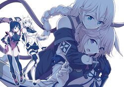  4girls absurdres ahoge animal_ears bare_shoulders battlesuit black_hair blue_eyes blush boots bra braid breasts cleavage elbow_gloves fei_luo_mao fox_ears gloves grin hair_between_eyes hair_ornament hairband highres holding_own_arm honkai_(series) honkai_impact_3rd hug jacket japanese_clothes kallen_kaslana kallen_kaslana_(sin_hunter) kiana_kaslana kiana_kaslana_(knight_moonbeam) kimono large_breasts long_hair looking_at_another looking_at_viewer medium_breasts multiple_girls off_shoulder open_clothes pink_hair ponytail purple_hair raiden_mei raiden_mei_(crimson_impulse) short_jumpsuit side_braid sidelocks single_braid smile surprised sweatdrop thigh_boots thighhighs twin_braids underwear very_long_hair white_hair x_hair_ornament yae_sakura yae_sakura_(flame_sakitama) 