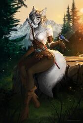  2018 alternate_species ambiguous_gender anthro avian bird black_nose breasts canid canine cirilla_fiona_elen_riannon clothed clothing day detailed_background digital_media_(artwork) duo female feral fox furrification green_eyes grey_hair hair hi_res mammal outside rock sitting smile solo_focus tail the_witcher yasmil 