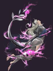  armor aura barefoot bavaa black_background black_gloves cape closed_eyes commentary_request corrin_(female)_(fire_emblem) corrin_(fire_emblem) dark_aura dragon_tail feet female fire_emblem fire_emblem_fates gloves grey_hair hairband highres juliet_sleeves long_hair long_sleeves outstretched_arms puffy_sleeves simple_background tail toes unconscious 