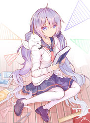  ascot azur_lane black_footwear book cardigan commentary compass_(instrument) female full_body hair_ornament hair_scrunchie highres holding holding_book light_smile loafers long_hair long_sleeves looking_at_viewer low_twintails official_alternate_costume pantyhose protractor purple_eyes purple_hair royal_navy_emblem_(azur_lane) ruler sailor_collar scrunchie shoes sidelocks sitting skirt solo stuffed_animal stuffed_toy stuffed_winged_unicorn textbook twintails unicorn_(azur_lane) unicorn_(long-awaited_date)_(azur_lane) very_long_hair white_pantyhose wooden_floor zuu_(qq770463651) 