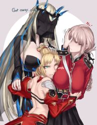  3girls bare_shoulders black_skirt blonde_hair braid breast_smother breasts commentary_request cowboy_shot crown detached_sleeves english_text face_to_breasts fate/apocrypha fate/grand_order fate_(series) florence_nightingale_(fate) from_behind girl_sandwich green_eyes hair_ornament hair_ribbon hair_scrunchie highres joki_yoh large_breasts long_braid long_hair mordred_(fate) mordred_(fate/apocrypha) morgan_le_fay_(fate) multiple_girls one_eye_closed red_eyes red_scrunchie ribbon sandwiched scrunchie see-through skirt 