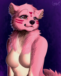  4:5 bear breasts crystalberry digital_media_(artwork) eyelashes facial_markings featureless_breasts female fluffy fur head_markings hi_res mammal markings pink_body pink_fur purple_background purple_nose signature simple_background slightly_chubby solo 