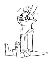  2019 ambiguous_gender anthro black_and_white cheek_tuft clothed clothing disembodied_hand duo english_text eyewear facial_tuft feet fuel_(artist) glasses head_pat head_tuft hoodie mammal monochrome mustelid otter otterly_(character) pawpads paws petting petting_head simple_background sitting soles solo_focus sound_effects text topwear tuft white_background 