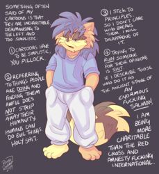  2019 anthro barefoot blue_hair bottomwear clothing complaining digital_media_(artwork) english_text feet fluffy fluffy_tail full-length_portrait hair hand_in_pocket hi_res insult male meme pants pockets politics portrait rant roarey roarey_raccoon shirt signature solo source_request sweatpants t-shirt tail text topwear wall_of_text 