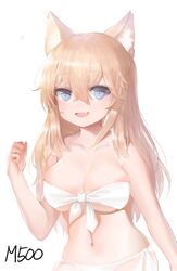  :d animal_ear_fluff animal_ears bad_id bad_pixiv_id bare_arms bare_shoulders bikini blue_eyes blush breasts cat_ears cleavage collarbone commentary_request dokomon female front-tie_top girls&#039;_frontline hair_between_eyes hand_up highres korean_commentary light_brown_hair long_hair looking_at_viewer m500_(girls&#039;_frontline) medium_breasts navel oerba_yun_fang open_mouth side-tie_bikini_bottom simple_background skindentation smile solo swimsuit very_long_hair white_background white_bikini 