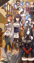  1boy 6+girls aiguillette animal_ears azuma_(azur_lane) azur_lane bad_id bad_pixiv_id bare_shoulders black_gloves black_hair black_jacket black_pantyhose black_skirt black_thighhighs blonde_hair blue_eyes blue_hair blush braid breasts brown_eyes cape choker cleavage closed_mouth club3 collarbone commander_(azur_lane) corset cross detached_sleeves dress earrings epaulettes fingerless_gloves floating_hair floating_headgear friedrich_der_grosse_(azur_lane) gascogne_(azur_lane) gauntlets georgia_(azur_lane) gloves green_eyes grey_hair hair_between_eyes hair_ornament hair_over_one_eye hair_ribbon hat headgear heterochromia high_heels highres horns ibuki_(azur_lane) iron_cross izumo_(azur_lane) jacket jewelry kitakaze_(azur_lane) large_breasts long_hair long_sleeves looking_at_viewer maid_headdress miniskirt monarch_(azur_lane) multicolored_hair multiple_girls multiple_horns neptune_(azur_lane) panties panties_under_pantyhose pantyhose pantyshot parted_lips peaked_cap pleated_skirt pointy_ears ponytail pov purple_hair red_eyes red_gloves red_hair red_horns red_ribbon ribbon roon_(azur_lane) saint-louis_(azur_lane) seattle_(azur_lane) short_hair sidelocks signature skin-covered_horns skirt smile stairs star_(symbol) star_earrings strapless strapless_dress streaked_hair thighhighs thumb_ring tied_hair two_side_up underwear very_long_hair white_dress white_panties white_ribbon white_skirt wide_sleeves world_of_warships yellow_eyes 