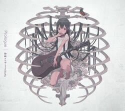  album_cover animal barefoot bird black_hair commentary_request cover covered_mouth dress female flower grey_background grey_eyes guitar hand_up highres holding holding_instrument instrument kanzaki_elsa kuroboshi_kouhaku long_hair on_one_knee red_flower red_rose ribs rose see-through short_sleeves solo sword_art_online sword_art_online_alternative:_gun_gale_online translation_request very_long_hair white_dress white_flower 