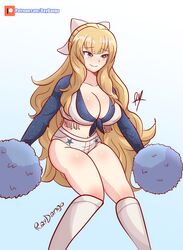  absurdres alternate_costume blonde_hair boots breasts charlotte_(fire_emblem) cheerleader cleavage crop_top female fire_emblem fire_emblem_fates green_eyes hair_ornament hair_ribbon highres knee_boots large_breasts long_hair long_sleeves patreon_logo pom_pom_(cheerleading) raydango ribbon shirt short_shorts shorts signature solo tied_shirt very_long_hair watermark web_address white_ribbon 