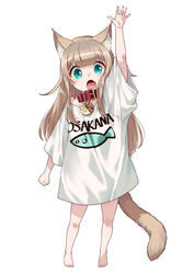  40hara :o animal_collar animal_ear_fluff animal_ears animal_print aqua_eyes arm_up barefoot belt_collar cat_ears cat_girl cat_tail character_name collar female fish_print flat_chest full_body highres kinako_(40hara) light_brown_hair lolicon long_hair naked_shirt name_tag oerba_yun_fang off_shoulder open_mouth original outstretched_arm oversized_clothes oversized_shirt shirt simple_background tail white_shirt 