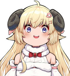  :d absurdres ahoge animal_ears bare_shoulders blonde_hair blush bow bowtie breasts curled_horns female hair_ornament hairclip highres hololive horns large_breasts long_hair looking_at_viewer mikan_(chipstar182) open_mouth purple_eyes red_bow red_bowtie sheep_ears sheep_girl sheep_horns shirt simple_background smile solo teeth tsunomaki_watame tsunomaki_watame_(1st_costume) upper_body upper_teeth_only very_long_hair virtual_youtuber white_background white_shirt wide-eyed 