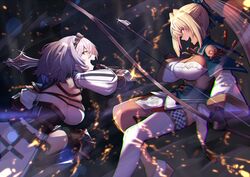  2girls blonde_hair bow_(weapon) braid breasts brown_eyes brown_sash cleavage crown_braid embers fighting flower_knot glint green_eyes grey_hair highres holding holding_bow_(weapon) holding_weapon hololive hololive_alternative jumping large_breasts long_hair mace mikan_(chipstar182) mole mole_on_breast multiple_girls obi ponytail sash shiranui_flare shiranui_flare_(old_design) shirogane_noel shirogane_noel_(1st_costume) single_thighhigh smile tassel thighhighs virtual_youtuber waist_cape weapon white_legwear 