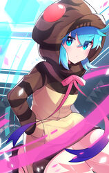  absurdres blue_eyes blue_hair blush closed_mouth commentary female gradient_neck_ribbon gradient_ribbon hair_between_eyes hands_in_pockets highres hood hood_up hoodie kemono_friends long_sleeves looking_at_viewer neck_ribbon pink_ribbon purple_ribbon ribbon short_hair solo takom tsuchinoko_(kemono_friends) 