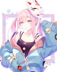  alternate_costume alternate_hairstyle blue_hoodie breasts bright_pupils circle cleavage closed_mouth commentary_request female fox_mask hannya hata_no_kokoro highres hood hoodie hyottoko_mask long_hair looking_at_viewer mask monkey_mask new_mask_of_hope noh_mask open_mouth oversized_clothes pink_hair shinketsu_kanyu solo star_(symbol) touhou triangle twintails upper_body v white_background white_pupils zipper 