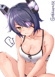  bikini blush breasts breasts_squeezed_together checkered cleavage closed_mouth collarbone commentary_request duplicate ebifurya eyepatch female headgear highres kantai_collection large_breasts looking_at_viewer navel official_alternate_costume pixel-perfect_duplicate purple_hair short_hair sitting solo swimsuit tenryuu_(kancolle) tenryuu_(swimsuit_mode)_(kancolle) white_background white_bikini yellow_eyes 