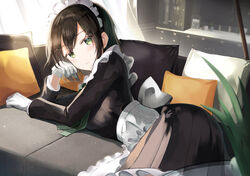  apron black_hair blush dress gloves green_eyes headdress long_hair maid original sion_(im10042m) 