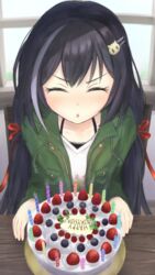  :o birthday_cake black_bra black_hair blowing blowing_candle blueberry blush bra breast_pocket cake candle cat_hair_ornament closed_eyes collarbone commentary double-parted_bangs drawstring facing_down facing_viewer female flat_chest food fruit green_jacket hair_ornament hair_ribbon hairclip halterneck happy_birthday highres hsk_pad indoors jacket karyl_(princess_connect!) karyl_(real)_(princess_connect!) long_hair long_sleeves multicolored_hair open_clothes open_jacket parted_lips plate pocket princess_connect! raspberry red_ribbon ribbon shirt sitting solo strawberry streaked_hair table twintails underwear upper_body v-shaped_eyebrows white_hair white_shirt window wooden_table 