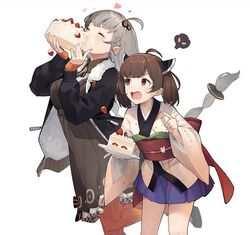  2girls ^_^ ahoge black_footwear black_jacket blush braid breasts brown_eyes brown_hair cake cake_slice closed_eyes collared_shirt commentary dress eating food food_on_face fur-trimmed_jacket fur_trim glutton grey_dress grey_hair hands_up headgear heart holding holding_food jacket japanese_clothes kimono kizuna_akari large_breasts long_hair long_sleeves multiple_girls obi open_clothes open_jacket orange_pantyhose pantyhose pleated_skirt puffy_long_sleeves puffy_sleeves purple_skirt sash shirinda_fureiru shirt shoes simple_background skirt sleeves_past_wrists standing standing_on_one_leg striped_clothes striped_pantyhose sweat touhoku_kiritan twin_braids twintails vertical-striped_clothes vertical-striped_pantyhose very_long_hair voiceroid white_background white_kimono white_shirt wide_sleeves 