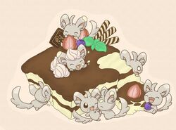  2011 anthro blueberry_(fruit) brown_eyes cake dessert eating food fruit fur generation_5_pokemon grey_body grey_fur holding_food holding_object messy minccino mint_leaf_(food) nintendo plant playing pokemon pokemon_(species) semi-anthro size_difference strawberry wadorigi 