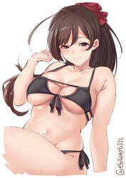  ahoge bikini black_bikini blush breasts brown_eyes brown_hair collarbone commentary_request duplicate ebifurya female front-tie_bikini_top front-tie_top groin hair_ribbon highres kantai_collection large_breasts long_hair mamiya_(kancolle) multi-strapped_bikini navel pixel-perfect_duplicate red_ribbon ribbon side-tie_bikini_bottom simple_background solo swimsuit twitter_username white_background 