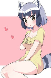  :o alternate_costume animal_ear_fluff animal_ears bare_legs between_legs black_hair blush brown_eyes clothes_writing commentary common_raccoon_(kemono_friends) female grey_hair hand_between_legs hand_on_own_chest heart highres kemono_friends looking_at_viewer multicolored_hair raccoon_ears raccoon_girl raccoon_tail shirt short_hair short_sleeves simple_background sitting solo striped_tail t-shirt tail takom translated white_hair yellow_shirt 