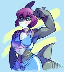  2019 anthro athletic_wear biceps big_hands black_sclera bottomwear bra breasts claws clothing countershading digital_media_(artwork) dorsal_fin english_text eyebrows eyelashes female fin fish flexing gills glimmer_alma-yu green_claws green_eyes green_gills grey_body grey_skin gym_bottomwear gym_shorts hair marine muscular muscular_anthro muscular_female non-mammal_breasts purple_hair requiem_shark shark shorts signature smile solo sony-shock sports_bra spots text thick_eyebrows tiger_shark underwear 