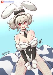  absurdres alternate_costume alternate_hairstyle animal_ears bicute_bunnies_miku blush breasts cleavage collar corrin_(female)_(fire_emblem) corrin_(fire_emblem) cosplay double_bun egg female fire_emblem fire_emblem_fates fishnet_pantyhose fishnets gloves hair_bun hair_ornament hairband hatsune_miku hatsune_miku_(cosplay) highres large_breasts long_hair oerba_yun_fang pantyhose patreon_logo playboy_bunny pointy_ears rabbit_ears raydango red_eyes ribbon signature solo white_hair white_pantyhose 