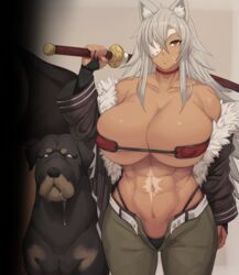  abs animal animal_ears bad_id bad_pixiv_id bandeau black_panties breasts canine cleavage covered_nipples drooling eyepatch female fur_trim ghislaine_dedoldia grey_hair highleg highleg_panties highres holding holding_sword holding_weapon jacket large_breasts long_hair looking_at_viewer metal_owl_(aden12) mushoku_tensei navel off_shoulder one-eyed panties red_eyes scar sheath sheathed strapless sword underwear weapon 