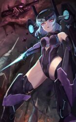  absurdres android android_mk.99 blue_hair breasts burning energy_sword female guardian_tales hair_ornament highres iver_(reviolet) leotard looking_at_another mecha_musume medium_breasts multicolored_eyes open_mouth short_hair sleeveless sword war weapon 