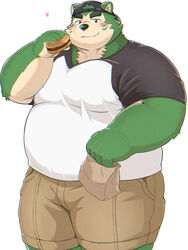  2022 3:4 anthro belly big_belly black_nose blush bottomwear burger canid canine canis clothing domestic_dog food green_body hat headgear headwear heart_symbol hi_res humanoid_hands kemono lifewonders live_a_hero male mammal metaporin mokdai moobs overweight overweight_male shirt shorts solo topwear 