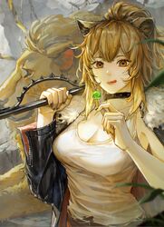  animal_ears arknights black_choker black_jacket black_nails blonde_hair blurry blurry_foreground breasts candy choker cleavage closed_mouth commentary english_commentary female food fur-trimmed_jacket fur_trim hammer highres holding holding_candy holding_food holding_lollipop holding_weapon jacket korean_commentary licking_lips lion lion_ears lips lollipop long_hair looking_at_viewer medium_breasts nail_polish open_clothes open_jacket over_shoulder pino_ko ponytail shirt siege_(arknights) sledgehammer sleeveless solo studded_choker tank_top tongue tongue_out torn_clothes torn_shirt upper_body weapon weapon_over_shoulder white_tank_top yellow_eyes 