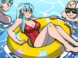  2boys alternate_costume bare_shoulders barefoot blush breasts cleavage eirika_(fire_emblem) ephraim_(fire_emblem) female fire_emblem fire_emblem:_the_sacred_stones fire_emblem_heroes goggles innertube kiran_(fire_emblem) kiran_(male)_(fire_emblem) large_breasts long_hair mnejing30 multiple_boys one-piece_swimsuit pool pushing red_one-piece_swimsuit sleeveless swim_cap swim_ring swimming swimsuit thighs wet wet_hair 