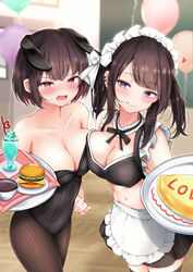  2girls absurdres animal_ears apron bad_id bad_pixiv_id balloon bare_shoulders black_legwear black_leotard blue_eyes blurry blurry_background blush breast_press breasts brown_hair burger cleavage collarbone commentary_request covered_navel cup detached_collar drink drinking_straw earrings fake_animal_ears fishnet_pantyhose fishnets food food_writing frills heart highres indoors jewelry kazanock large_breasts leotard long_hair looking_at_viewer maid midriff multiple_girls navel omelet omurice open_mouth original pantyhose playboy_bunny rabbit_ears red_eyes short_hair short_sleeves smile strapless symmetrical_docking tea teacup tears thighhighs thighs tongue tongue_out tray two_side_up wrist_cuffs zettai_ryouiki 