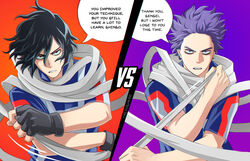  2boys alternate_universe black_gloves black_hair blue_shirt boku_no_hero_academia commentary english_commentary english_text eraser_head_(boku_no_hero_academia) fingerless_gloves gloves grey_hair grey_scarf hair_between_eyes highres looking_at_another male_focus multicolored_hair multiple_boys purple_background purple_hair red_shirt scarf shinsou_hitoshi shirt short_sleeves speech_bubble trevo_(trevoshere) two-tone_hair u.a._gym_uniform upper_body vs white_shirt 