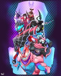  aguilera_(kamen_rider_revice) animal_hood animal_print aqua_eyes armor bat_(animal) bat_genome beetle black_armor blue_armor bug daiouika_deadman deadmen_(kamen_rider_revice) dress driver_(kamen_rider) everyone evilblade female fur_trim group_picture gunphone hat highres hood julio_(kamen_rider_revice) kamen_rider kamen_rider_demons kamen_rider_evil kamen_rider_revi kamen_rider_revice kamen_rider_vice monster multiple_boys olteca_(kamen_rider_revice) phone pink_scarf red_armor red_dress red_eyes rex_genome rhinoceros_beetle rider_belt scarf sharp_teeth silk spider_genome spider_web spider_web_print sword teeth to_ze top_hat tyrannosaurus_rex vistamp weapon wolf_deadman 