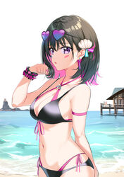  3girls absurdres alternate_costume azki_(hololive) bare_shoulders bikini black_hair blue_hair breasts cleavage colored_inner_hair commentary duplicate ear_piercing english_commentary eyewear_on_head hand_up highres hololive hoshimachi_suisei layered_bikini looking_at_viewer medium_breasts medium_hair multicolored_hair multiple_girls navel nonbire ocean outdoors piercing pink_hair pixel-perfect_duplicate purple_eyes red_hair sakura_miko simple_background solo_focus sunglasses swimsuit torii virtual_youtuber white_background 