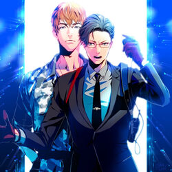  2boys black_hair black_necktie brown_hair busujima_rio_mason camouflage camouflage_jacket formal frown glasses gloves hand_up holding holding_microphone hypnosis_mic hypnosis_mic:_rule_the_stage hypnosis_microphone iruma_jyuto jacket male_focus microphone multiple_boys necktie open_mouth red-framed_eyewear red_gloves standing suit vivienne9westwood walkie-talkie 