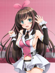  blush breasts commentary_request female green_eyes hair_ribbon highres kizuna_ai kizuna_ai_(elegant) kizuna_ai_inc. long_hair looking_at_viewer multicolored_hair navel necktie no_bra open_mouth ribbon shorts toranoo virtual_youtuber 