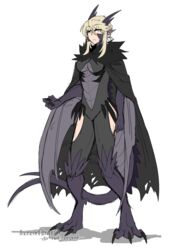  alter_servant alternate_breast_size animal_ears artoria_pendragon_(fate) artoria_pendragon_(lancer_alter)_(fate) black_bodysuit black_cape black_fur black_skin blonde_hair bodysuit breasts cape claws closed_mouth clothing_cutout colored_skin digitigrade dragon dragon_ears dragon_girl dragon_horns dragon_tail dragon_wings fate/grand_order fate_(series) female forked_tail fur_collar fur_trim grey_skin hair_between_eyes highres horns leg_cutout monster_girl monsterification neon_(theneonflower) pale_skin pointy_ears reptile_girl revealing_clothes shadow signature solo stomach_cutout tail thigh_cutout torn_cape torn_clothes tumblr_username underboob white_background wings yellow_eyes 