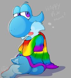  2020 anthro biped blue_body blue_fur blue_tail bottomless bottomless_anthro bottomless_male cheek_tuft clothed clothing cyan_yoshi digital_media_(artwork) dinosaur english_text extinct facial_tuft feet fur furred_yoshi grey_background hi_res hybrid leg_markings lgbt_pride lgbt_pride_month lighty_marteniz lizard looking_at_viewer male mario_bros markings multicolored_clothing nintendo oversized_clothing oversized_sleeves oversized_sweater oversized_topwear pawpads pink_pawpads pink_tongue prehistoric_species pride_colors purple_eyes rainbow_clothing reptile scalie seven-stripe_rainbow_pride_colors shaded signature simple_background socks_(marking) solo sweater tail text tongue tongue_out topwear tuft yoshi yosshidoragon 