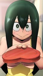  :&gt; asui_tsuyu bare_shoulders blurry blurry_background boku_no_hero_academia box bright_pupils commentary dress english_commentary female greatm8 green_eyes green_hair hair_between_eyes hallway heart-shaped_box highres incoming_gift indoors long_hair looking_at_viewer photoshop_(medium) school sidelocks solo source_filmmaker_(medium) upper_body valentine white_pupils yellow_dress 