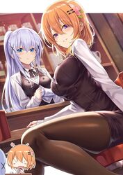  2girls aged_up alternate_breast_size bar_(place) bar_stool black_legwear black_ribbon blue_eyes blush breasts chibi commentary gochuumon_wa_usagi_desu_ka? hair_between_eyes hair_ornament hairclip high_ponytail highres holding hoto_cocoa kafuu_chino ks_(xephyrks) large_breasts light_purple_hair long_hair long_sleeves looking_at_viewer medium_breasts multiple_girls orange_hair pantyhose parted_lips ponytail purple_eyes ribbon shelf short_hair sidelocks sitting smile stool wash_cloth x_hair_ornament 