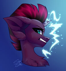  absurd_res angry big_ears blue_background blue_eyes broken_horn bust_portrait chest_tuft clenched_teeth digital_media_(artwork) equid equine eyebrows female feral friendship_is_magic fur hair hasbro hi_res horn magic mammal mohawk my_little_pony my_little_pony:_the_movie_(2017) mythological_creature mythological_equine mythology pink_hair portrait purple_body purple_fur shinoshai signature simple_background solo teeth tempest_shadow_(mlp) tuft unicorn 