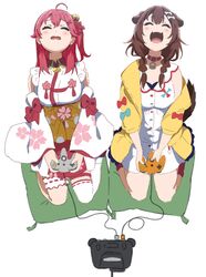  2girls ahoge animal_ears blush bone_hair_ornament braid bridal_garter brown_hair buttons cherry_blossom_print closed_eyes controller detached_sleeves dog_ears dog_girl fangs floral_print game_console game_controller hair_ornament hairclip highres hololive icehotmilktea inugami_korone inugami_korone_(1st_costume) multiple_girls nintendo_64 nintendo_64_controller open_mouth pillow pink_hair playing_games sakura_miko sakura_miko_(1st_costume) single_thighhigh thighhighs twin_braids virtual_youtuber white_background white_legwear x_hair_ornament 